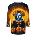 thumbnail image 3 of Women's Day of The Dead Print T-Shirt Crew Neck 3/4 Sleeve Loose Fit Mexican Skull Tee, 3 of 4