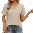 thumbnail image 4 of Otntypg Women's V Neck Tunic Blouse Dressy Lace Crochet Eyelet Embroidery Short Sleeve Tops Shirts Solid Retro Plain Casual Holiday Beach Vacation T-Shirts Khaki L, 4 of 9