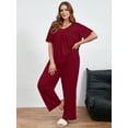 thumbnail image 5 of SHOWMALL Women's Plus Size Loungewear Pajama Set, Burgundy 3X Short Sleeve Pleated Top & Long Pants with Pockets, Soft Double-Brushed 2 Piece Sleepwear, 5 of 8