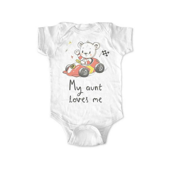 My aunt loves me Bear race car - new baby surprise - wallsparks cute & funny Brand - baby one piece bodysuit - Great baby shower gift!