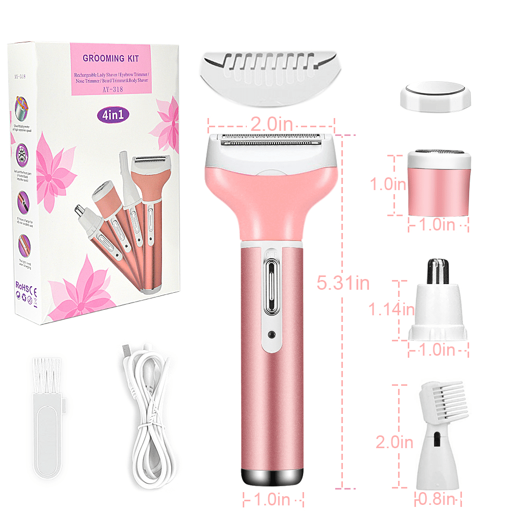 Electric Shaver for Women, 5 in 1 Rechargeable Razor Waterproof Painless Epilator Nose Hair Removal Remover Facial Body Bikini Eyebrow Beard Sideburn Mustache Trimmer Clipper Grooming Groomer Kit