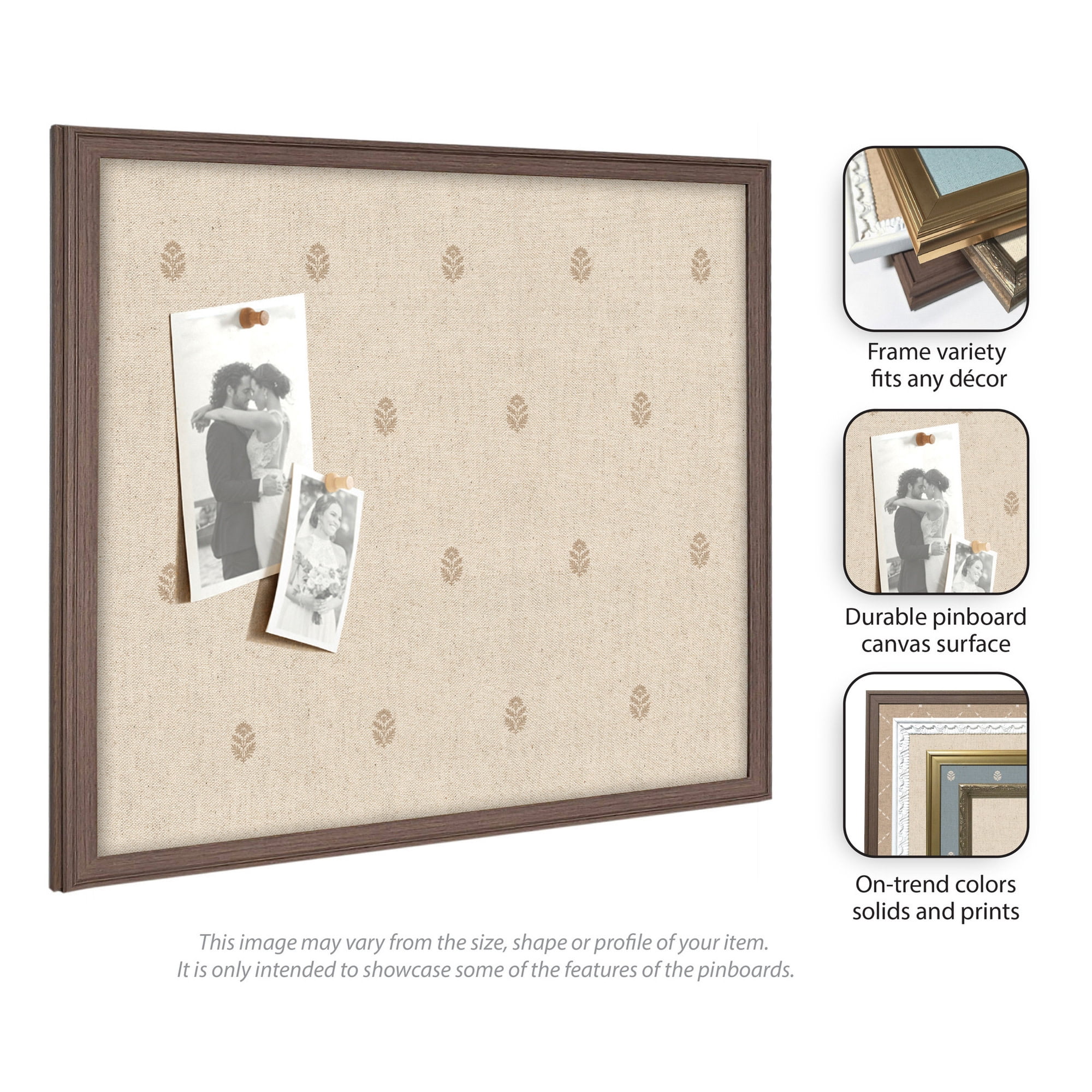 Kate and Laurel Framed Fabric Pinboard 38 x 26, Beige Botanical Block Print Printed Linen Classic Bulletin Board for Use as a Vision Board or Wall Organization, Florence Medium Brown Frame