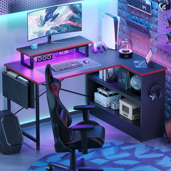Bestier 42inch L-shaped Computer Desk with Storage Shelf LED Gaming Desk with Monitor Stand Corner Desk with storage bag, Carbon Fiber