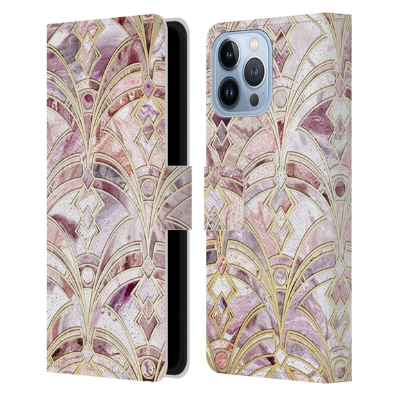 Micklyn Le Feuvre Marble Patterns Dusty Rose And Coral Art Deco Marbling Pattern Leather Book Wallet Case Cover Compatible with Apple iPhone 13 Pro Max