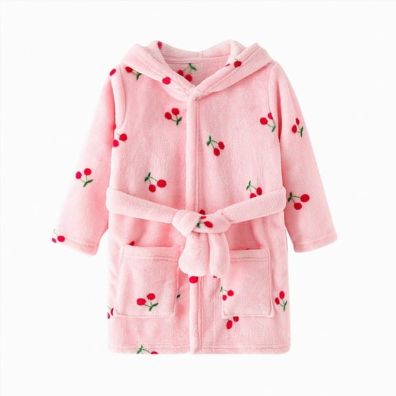WUANDIXFA Bath Robe Girls 1-8 Years Toddler Kids Baby Boys Girls Cartoon Bathrobes Hooded Warm Flannel Night Robe Sleepwear Pajamas,Pink,2-3 Years