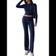 thumbnail image 3 of Conjuntos de 2 Piezas para Mujer, Larga, Cuello Redondo, Pantalones Acampanados de Cintura Alta, Conjuntos de Chándal, Ropa de Calle. Azul Marino S, 3 of 10