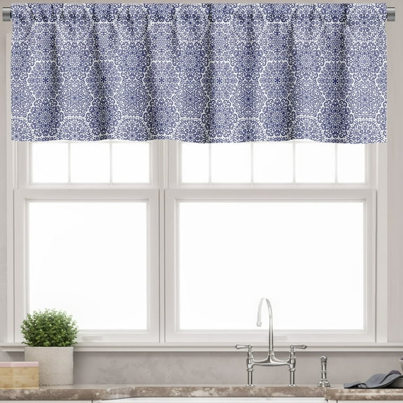 Ambesonne Russian Valance Pack of 2, Blooms Hearts, 54"X12", Indigo and White
