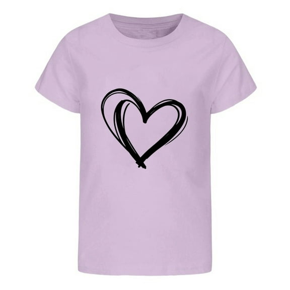 Tisuna Girls Short Sleeve Shirt Child Heart Print Crew Neck Pullover Tops Comfortable Leisure Kids Summer Casual Outfits Light Purple Size 3-4 Years