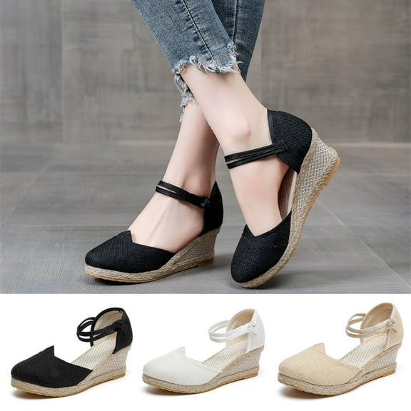 Jacenvly 2024 New Knitted Round Toe Wedge Buckle Sandals Women's High Heel Summer Casual Baotou Back Empty Sandals Beige Sandals for Women