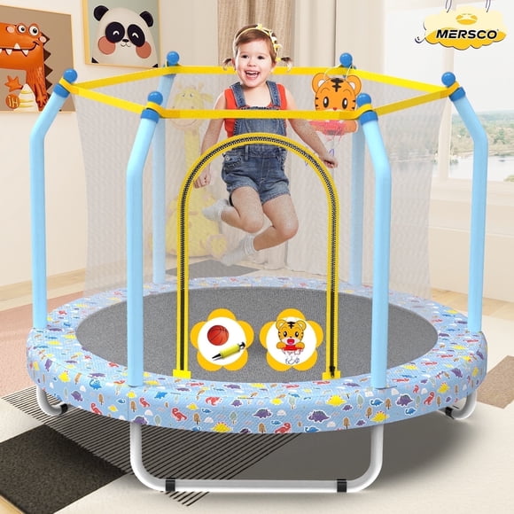 Mersco Trampoline pour Tout-Petit de 55 Po, Mini Trampoline pour Enfants avec Enceinte et Panier de Basketball, Cadeaux d'Anniversaire, Imprimé