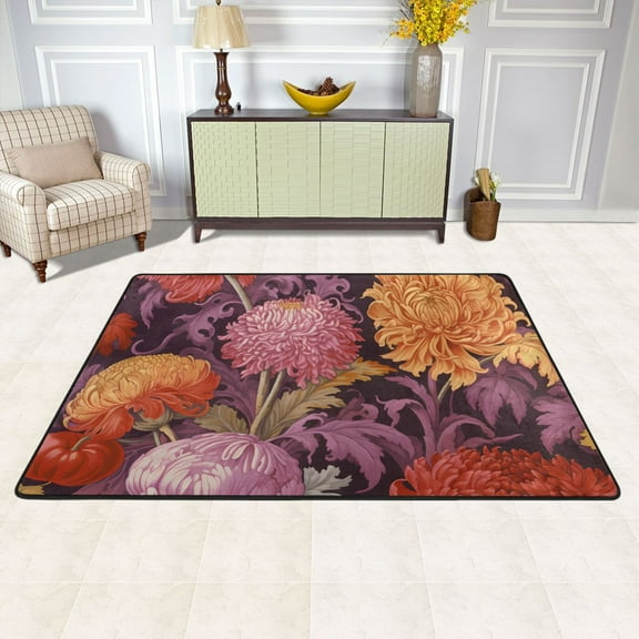 Area Floor Mats Purple and Orange Flowers Large Nursery Rugs Non-Slip Living Room Carpets Bedroom Doormat for Dinning Decor 36" x 24"