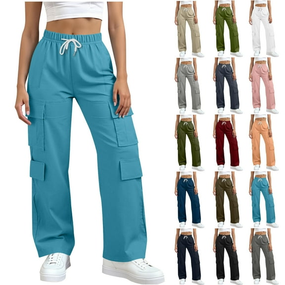 FRSASU Wide Leg Woman Cargo Pants Solid Color Casual Elastic Waist Drawstring Baggy Joggers Pants with Pocket White