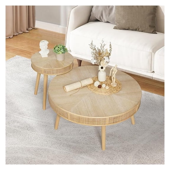 Farmhouse Round Coffee Table, Rustic Sofa Side Tea Tables Nesting Center Table Set with Handmade Rattan for Living Room, French Country Decor, Natural, 2Pack