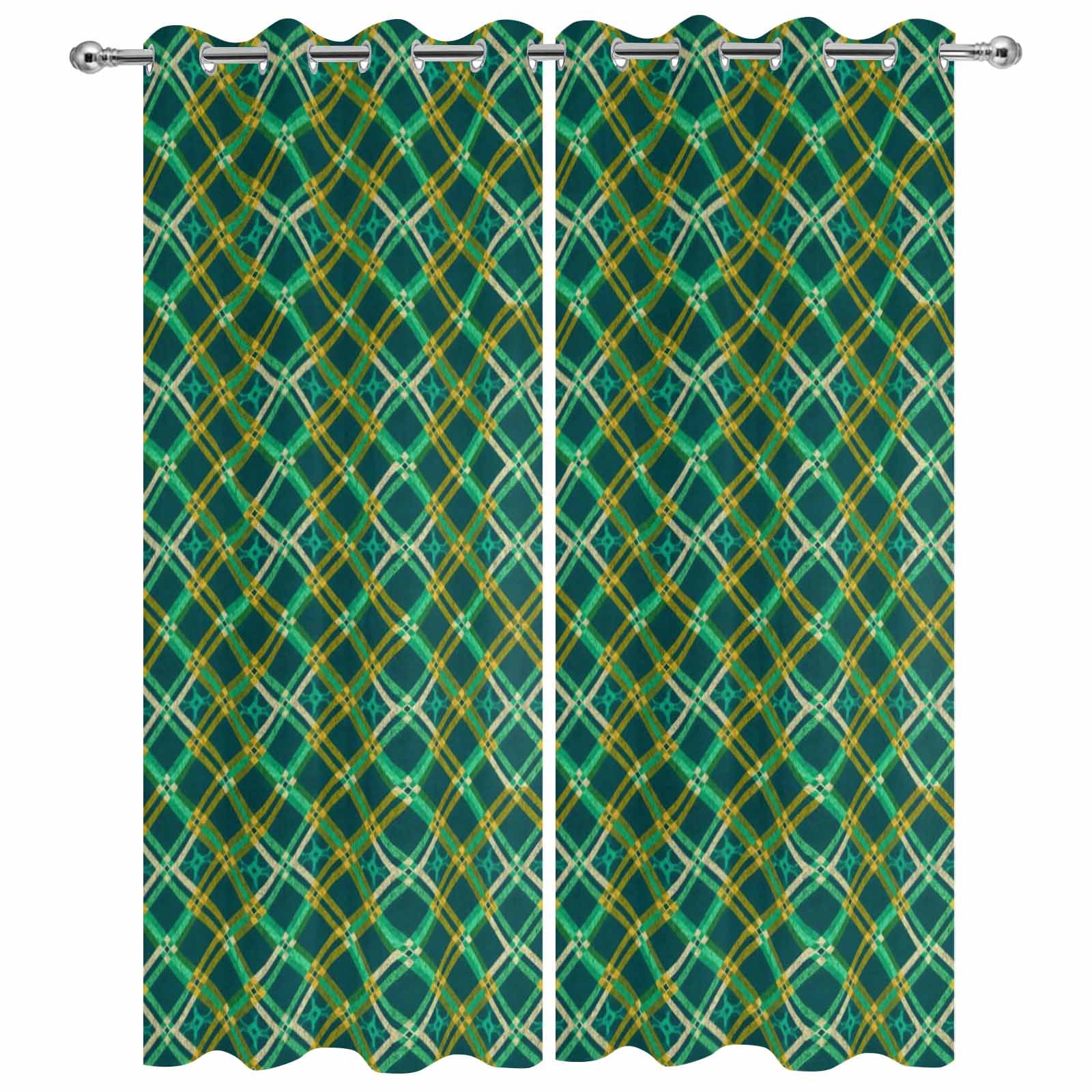 Outdoor Curtains for Patio Waterproof, Vintage Green Check Windproof Pravicy Outside Porch Blackout Curtain, Geometric Tartan Plaid Ethnic Sun Blocking Grommets Curtains for Cabana 2 Panels 54"x95"