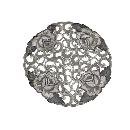 

Doily Boutique Round Doily with Cutwork Gray and Silver Roses on Fabric Size 15 inches