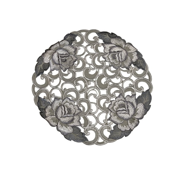 Doily Boutique Round Doily with Cutwork Gray and Silver Roses on Fabric Size 23 inches