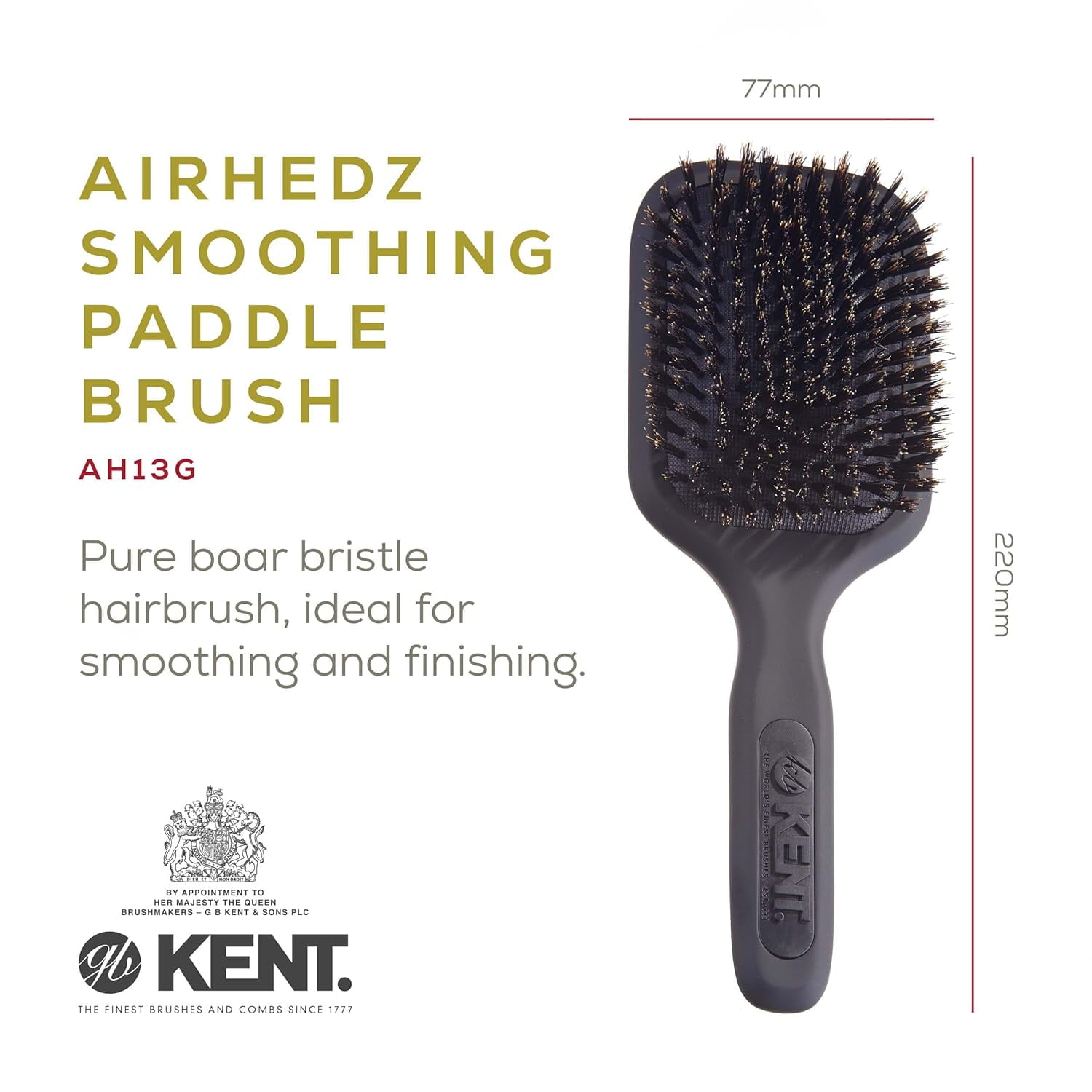 Kent AH13G Airhedz Pro Pure Bristle Paddle Brush (Medium, Grey)