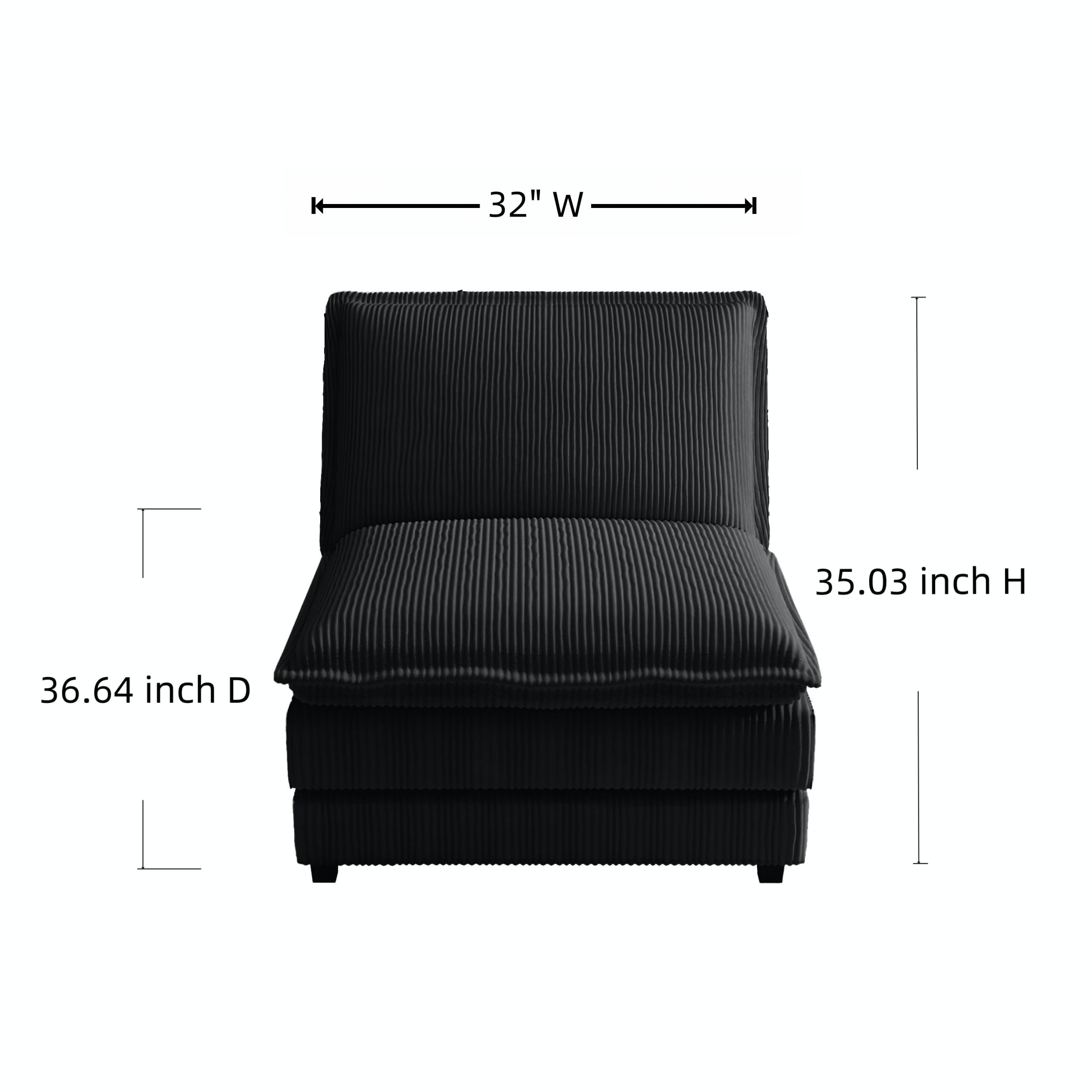 Vinform Upholstered Armless Sofa Chair, Compose 2/3/4 Seat Couch, Black