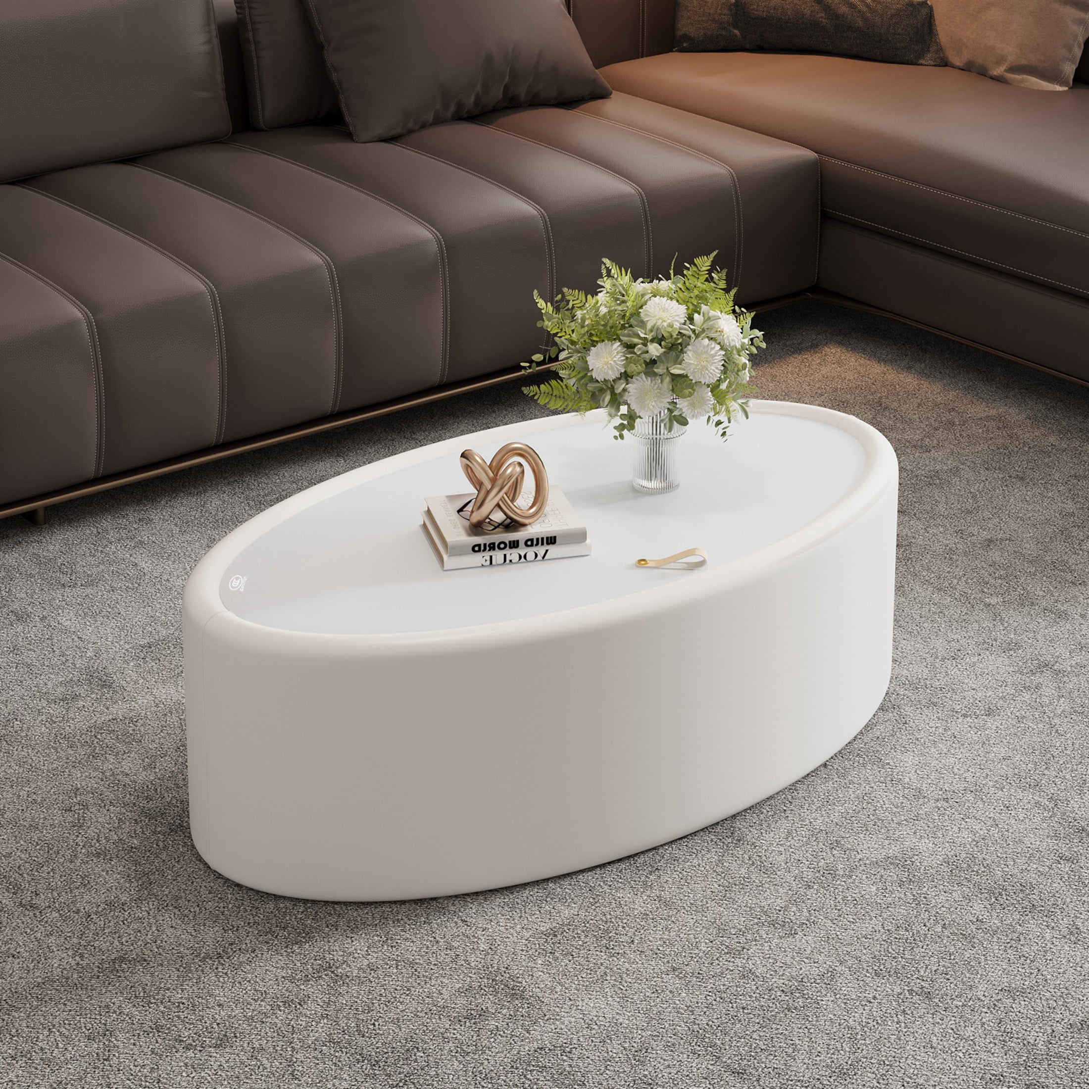 Noble House Morade 33.5" Fluted Oval Storage Coffee Table with Glass Top & Leather Wrapped for Living Room, White