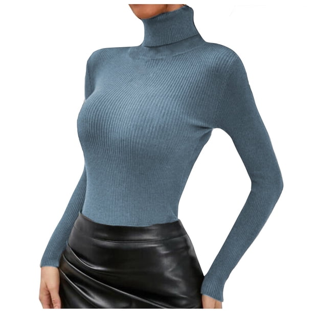 Jersey de punto de cuello alto y color liso para mujer - Top de manga larga con cuello alto - Moda informal para primavera/otoño/invierno