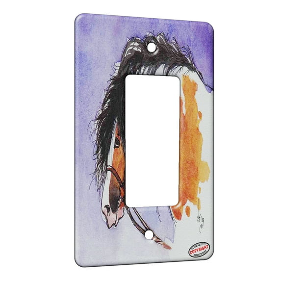 KuzmarK™ 1 Gang Rocker Wall Plate - Buckskin Skewbald Gypsy Cob on Purple Horse Art by Denise Every