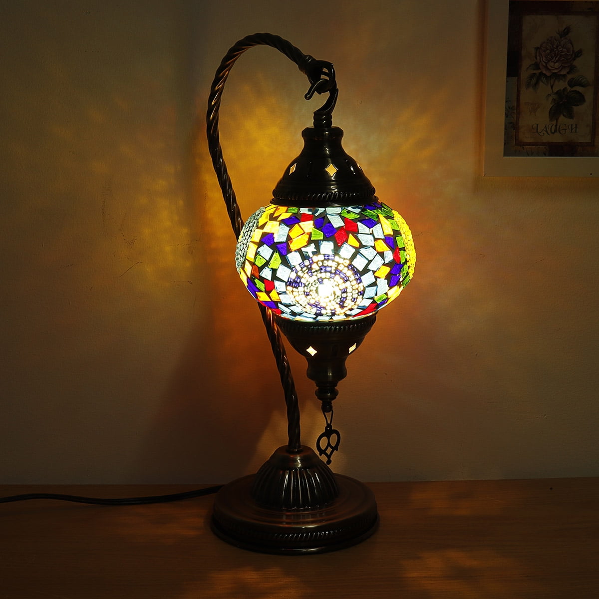 Turkish Lamp Multi Colour Glass Mosaic Light Handmade Brass Plated Stand LED 
