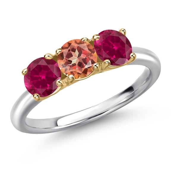 Gem Stone King 925 Silver and 10K Yellow Gold Ecstasy Mystic Topaz and Red Created Ruby Engagement Ring for Women | 2.20 Cttw | Round 5MM | Gemstone November Birthstone | Size 7