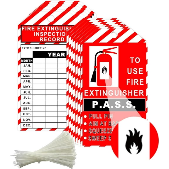 25Pcs Monthly Fire Extinguisher Inspection Tags with Adjustable Wire Ties 3.25x5.75inch Extinguisher Recharge and Inspection Record Tags