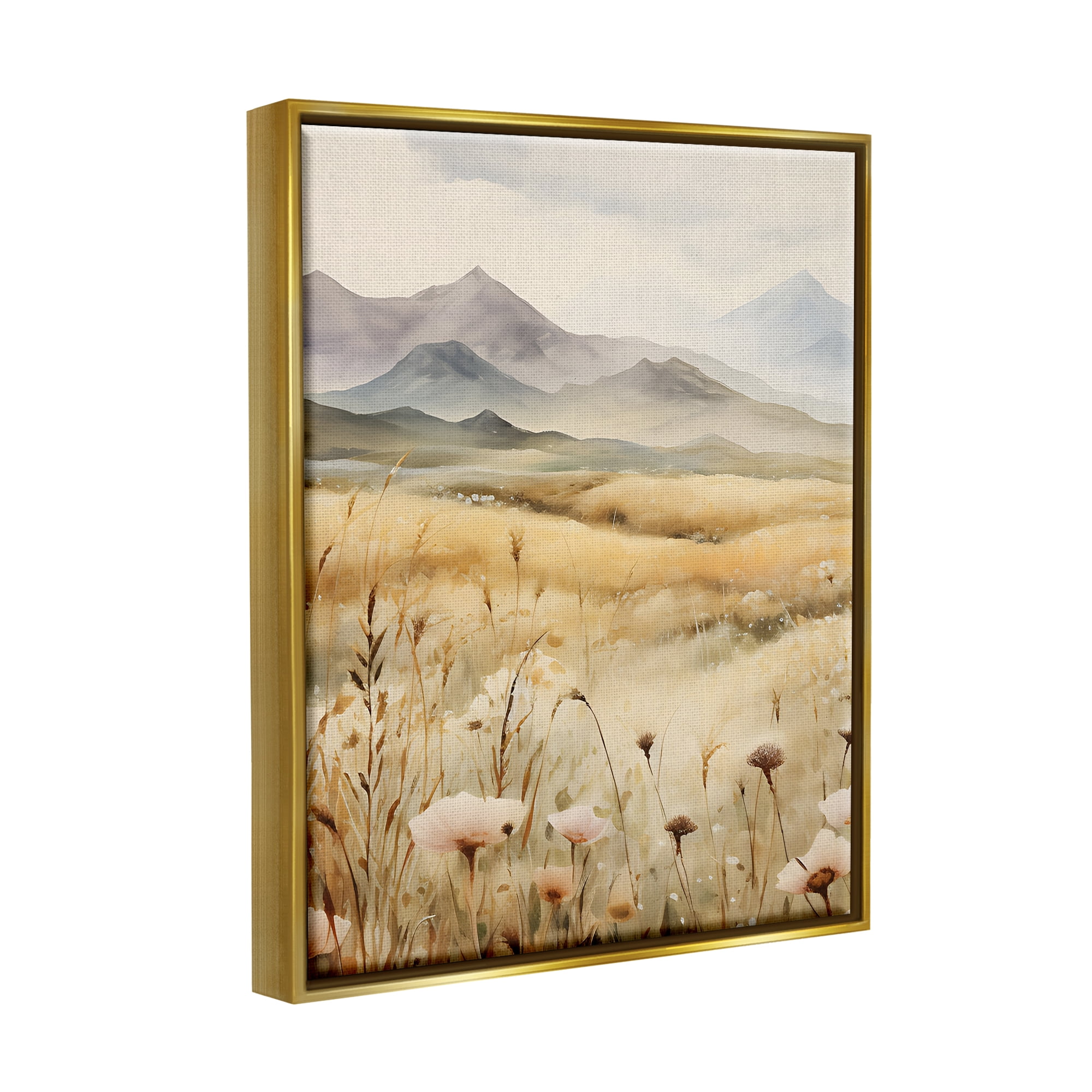 Stupell Industries Soft Mountainside Meadow Landscape Painting Gold Floater Framed Canvas Art Print Wall Art, 25 x 31