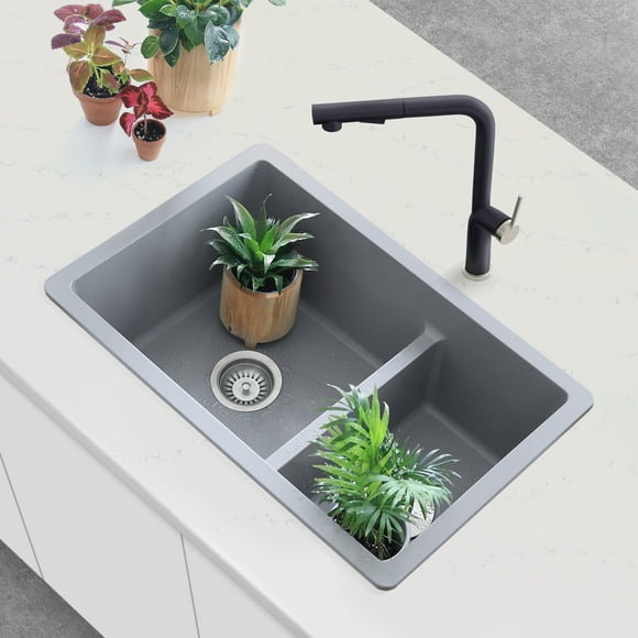 Stylish Dual Mount 27" Gray Composite Granite Double-Bowl Kitchen Sink with 2 Accessories S-827L