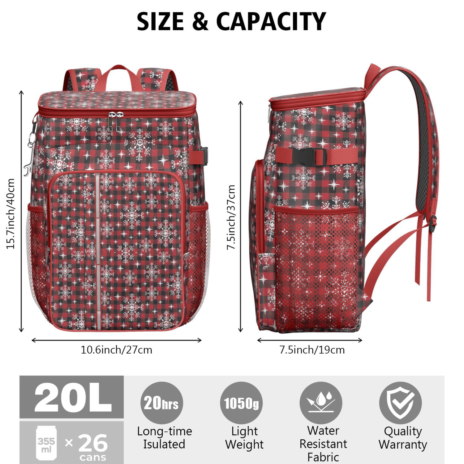 Travel Cooler Bag - Red and Black Christmas Snowflake Pattern Camping Beer Cooler Backpack with Bottle Opener- Waterproof Insulated Picnic Backpacks - Cooler Bag for Beach