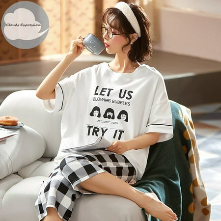 

QWZNDZGR Summer 100% Cotton Cartoon Pajamas Sets Women Pyjamas Sleepwear Nightwear Pijama Mujer Size M-2XL Calf-Length Pants Homewear