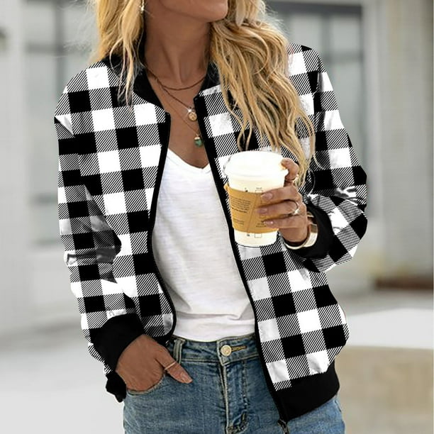 Puntoco Chaqueta Informal De Manga Larga Estampada con Cuello Alto Y Bolsillo con Cremallera para Mujer Puntoco Puntoco-4819