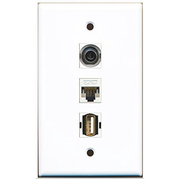 RiteAV - 1 Port USB A-A 1 3.5mm 1 Cat5e Ethernet White Wall Plate