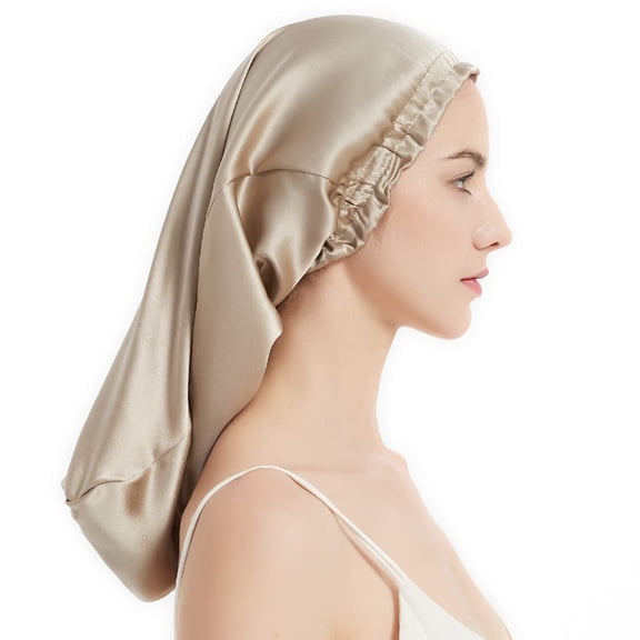 Mulberry Silk Sleep Cap, Silk Long Night Cap, Elastic, Breathable, Care for Women's Hair ( Apricot Color)