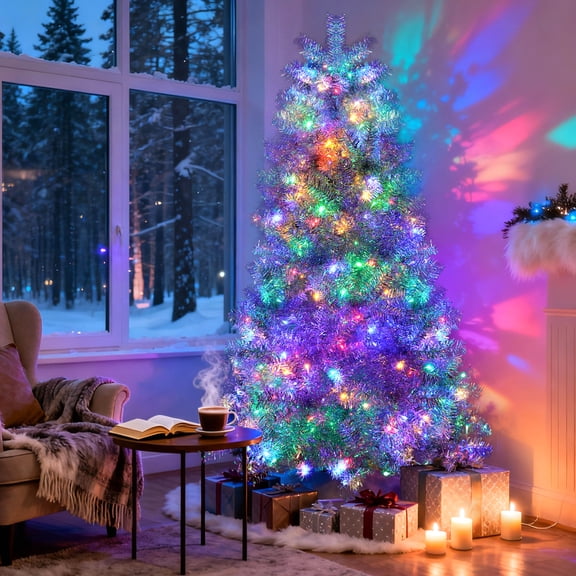 6FT Silver Pre-Lit Artificial Christmas Tree, Hinged Full Tree with 300 LED Lights, 11 Lighting Modes, 800 Branch Tips, Metal Stand, Indoor Outdoor