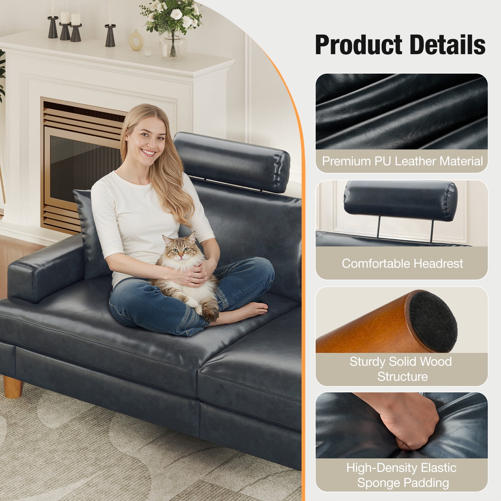 87" Sofa Premium PU Leather Couch with Headrest, Comfy 27" Extra Deep Seat 3 Seater Sofa for Living Room, Includes 2 Pillows, Gray