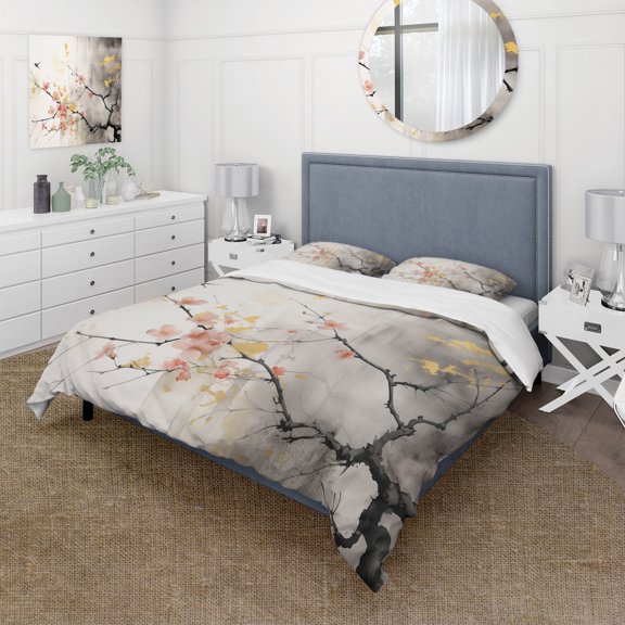 Designart "Sumi Blossom Asian Painting I" Asian Bedding Covert Set - Asian Art Peach People Bed Set With 2 Shams