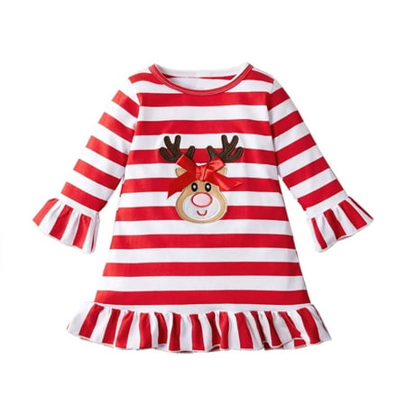 

Odeerbi Reduced Christmas Dresses For Girls Autumn Winter Baby Striped Long Sleeve Elk Dress Red