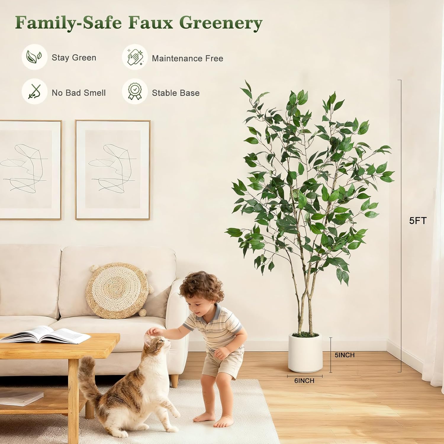 Ficus Trees Artificial Indoor, 5FT Tall Faux Ficus Tree with White Planter & Green Fake Moss, Artificial Plants with Natural Wood Trunk & Lifelike Fruits for Home Office Decor
