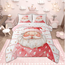 Manfei Cartoon Santa Claus Bedding Comforter Set for Kids Girls, Gold Snowflakes Twin Comforter Sets, White Pink Stripe Bedding Set, Christmas Home Decor, Reversible 2 Pieces