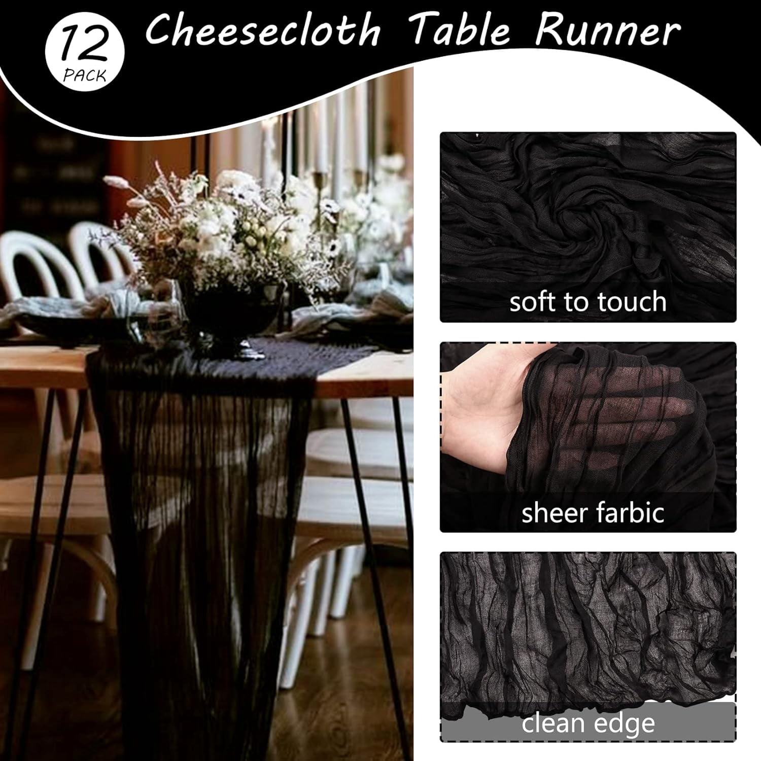 Wehilion 12PCS Cheesecloth Table Runner Boho Gauze Table Runner Cheese Cloth Long Table Runner Rustic Table Runner for Wedding Bridal Shower Birthday Party Table Decor