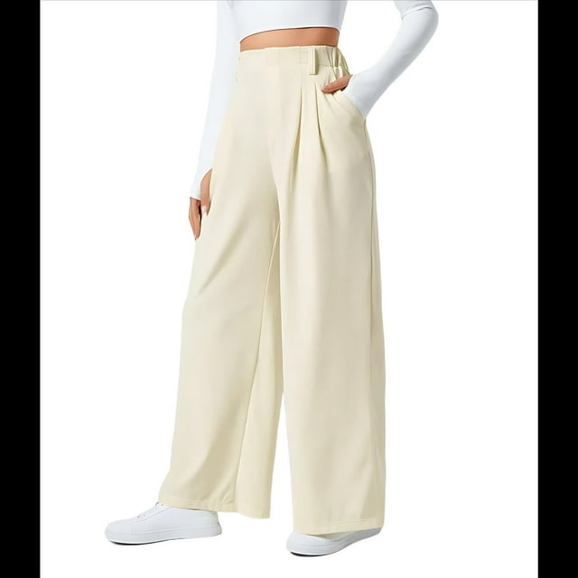 Pantalones Palazzo Informales de Punto Gofre con Cintura Alta Elástica y Pierna para Mujer, Color Albaricoque, Talla S