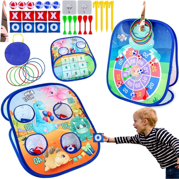 Juego de lanzamiento de dardos, juegos de jardín para niños: juego de dardos de dinosaurio 5 en 1 con dardos, puf, bolas de velcro, lanzamiento de anillos, juego de lanzamiento de puf de juguete