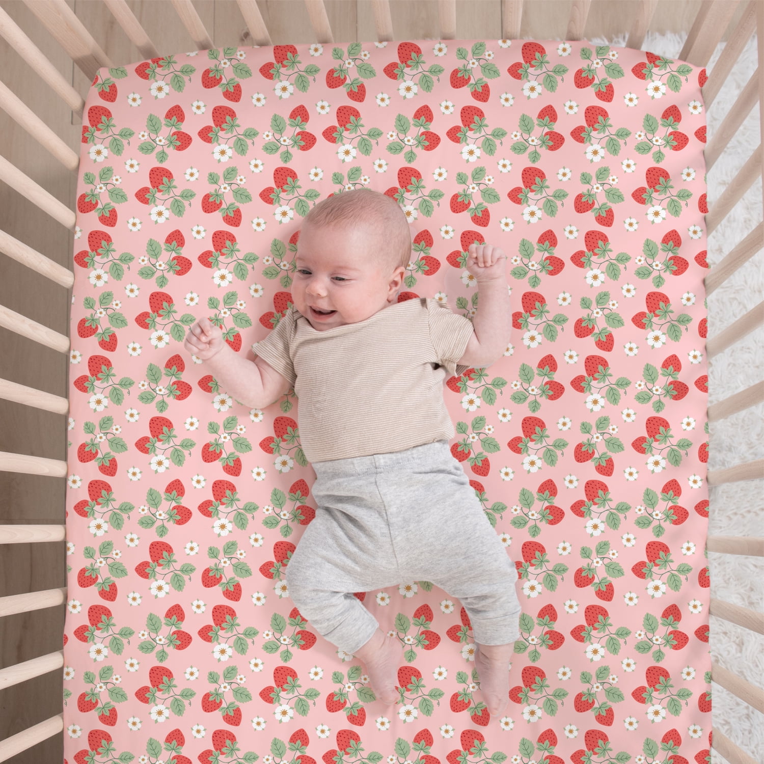 The Peanutshell Strawberry Sweet 3-Piece Baby Crib Bedding Set with Quilt Blanket, Crib Sheet, and Skirt