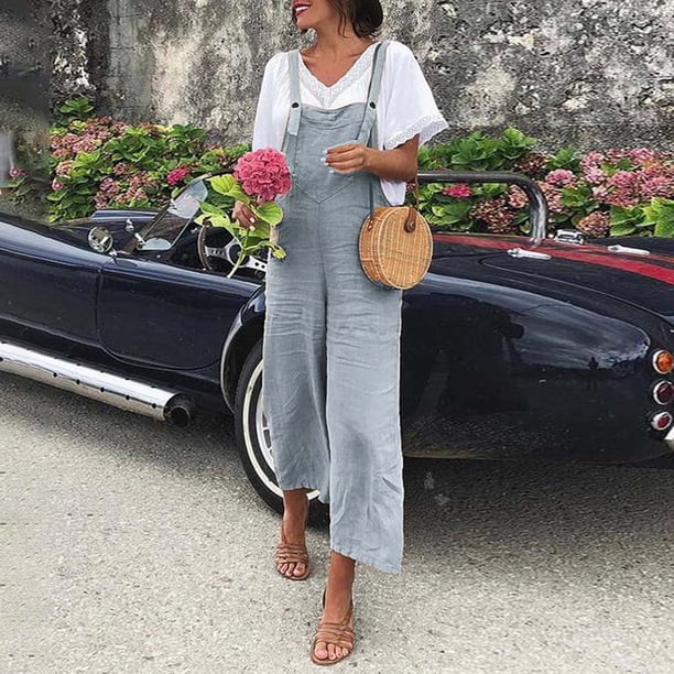 Mono de pierna ancha de lino de algodón vintage para mujer, bolsillos sin mangas de talla grande, ma Abanopi Gris/Extragrande