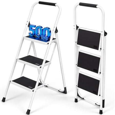 Furnibear 3 Step Ladder, Folding Step Stool with Cushioned Handle with Wide Anti-Slip Pedal for Home, Workplace,Kitchen,500lbs Capacity