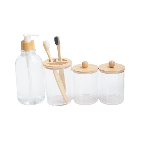 4-Piece Bathroom Organizer Set with Bamboo Lid, Acrylic Dispenser for Hand Soap, Toothbrush Cup & Cotton Swab Storage, Waterproof Modern Decor