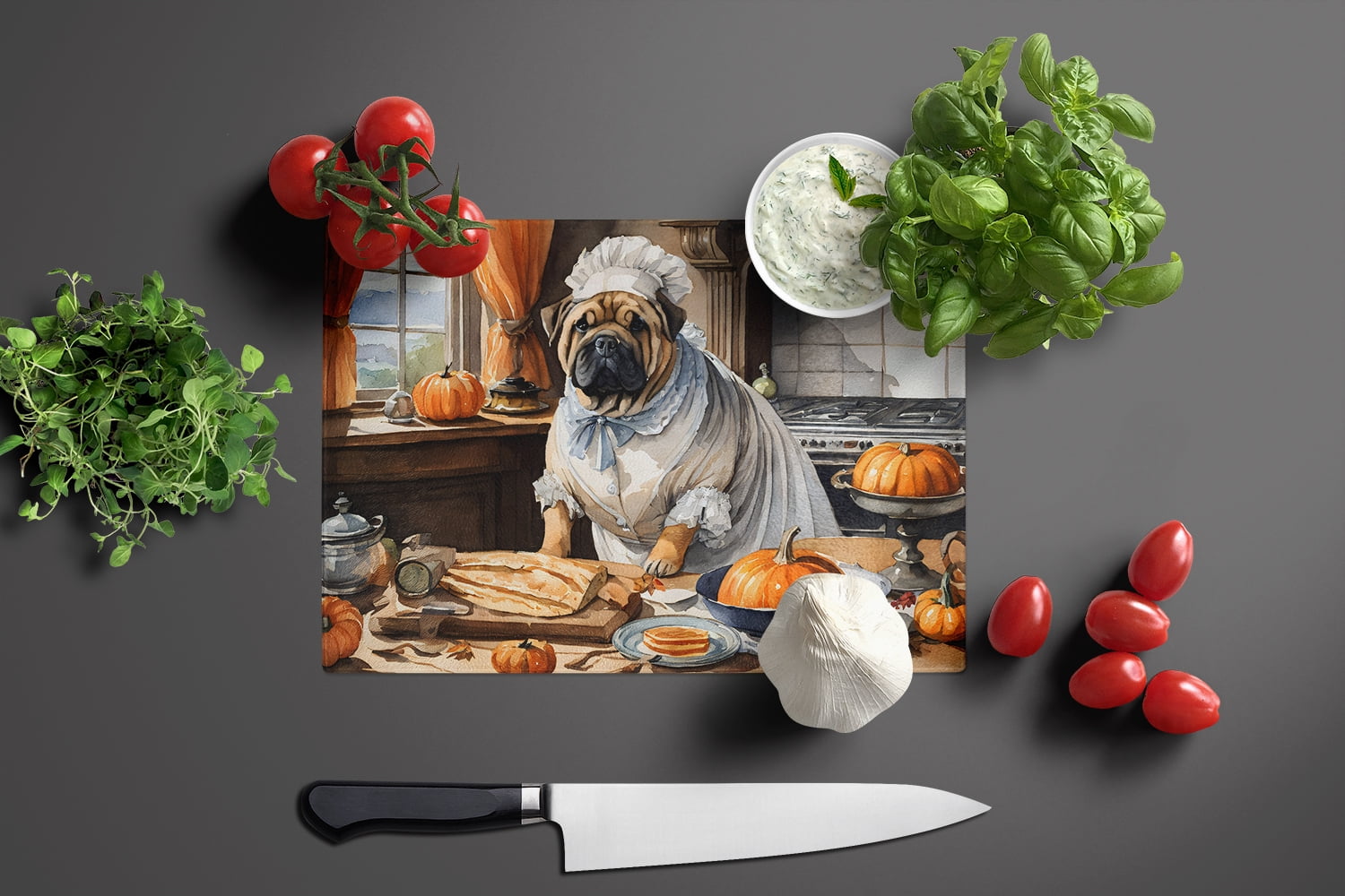 Shar Pei Fall Kitchen Pumpkins Glass Cutting Board Large 12 in x 15 in