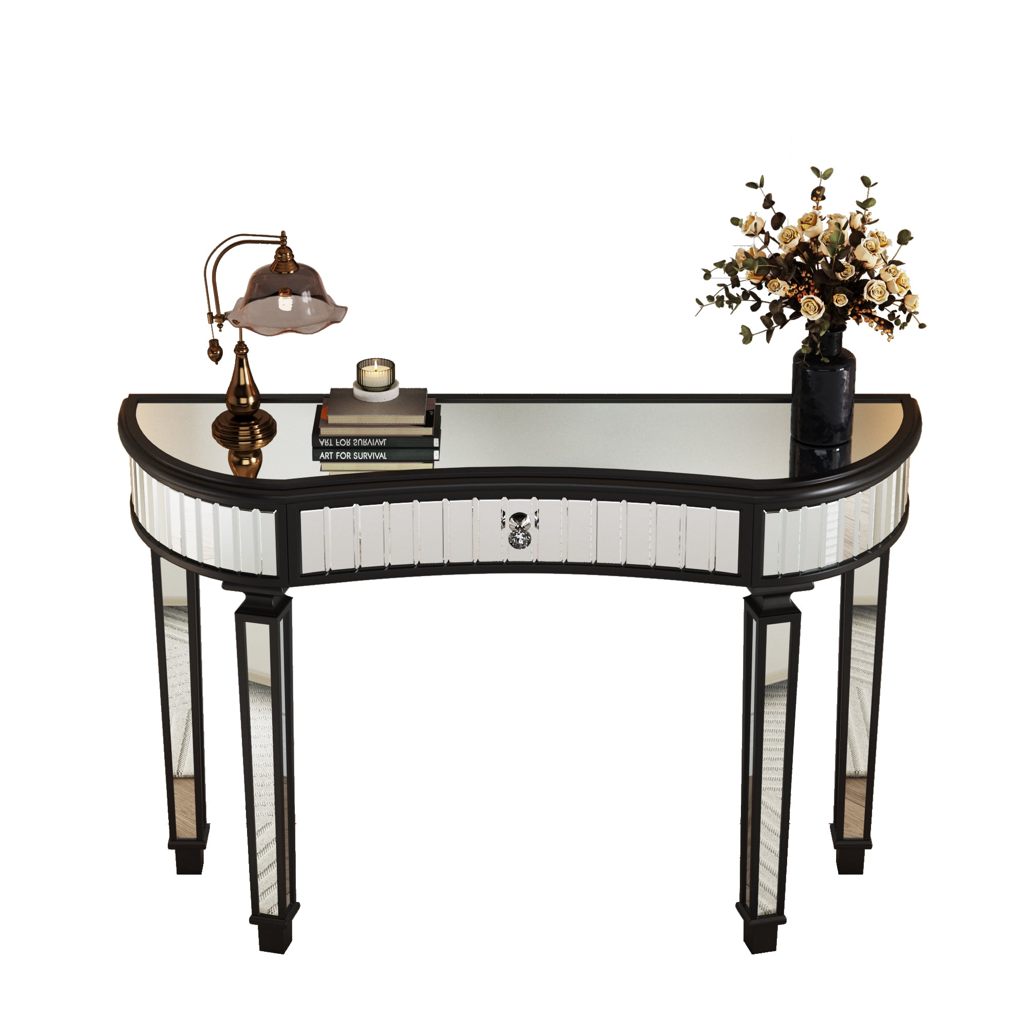 47" Half-Moon Mirrored Console Table Entryway Vanity Desk with Fluted Glass & Crystal Knob Drawer for Bedroom/Dressing Room (Black+Sliver)